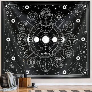Zodiac Astrology Tapestry - Black and White Constellation Wall Hanging for Teen Girl's Bedroom, Living Room, Dorm (51x59 inches)