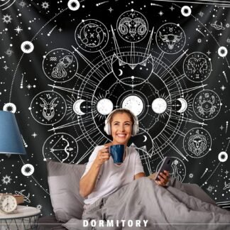 Zodiac Astrology Tapestry - Black and White Constellation Wall Hanging for Teen Girl's Bedroom, Living Room, Dorm (51x59 inches)