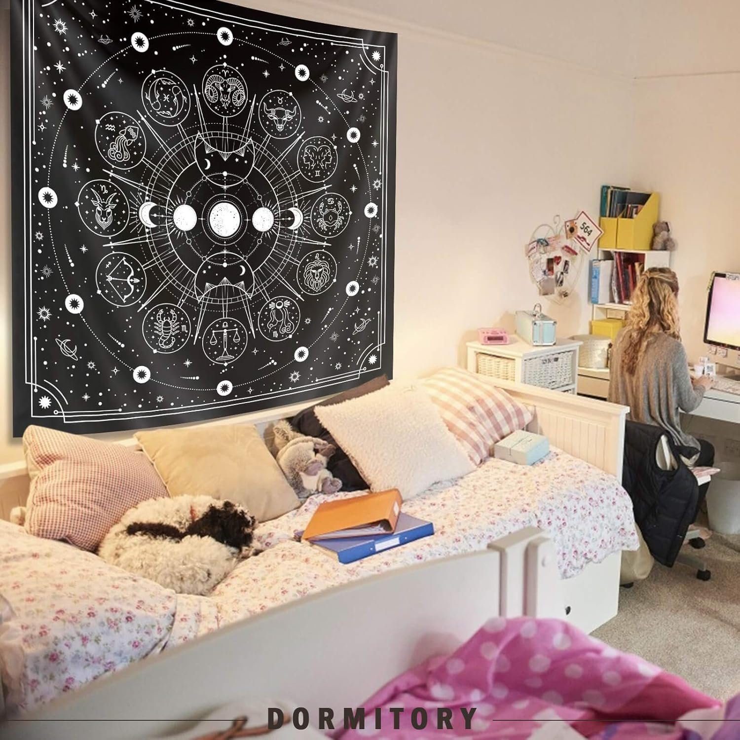 Zodiac Astrology Tapestry - Black and White Constellation Wall Hanging for Teen Girl's Bedroom, Living Room, Dorm (51x59 inches)