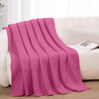 100% Cotton Blankets for Bed - Waffle Weave Blankets for Summer, Lightweight and Breathable Soft Woven Blanket for Spring (Pink, Throw (50" x 60"))
