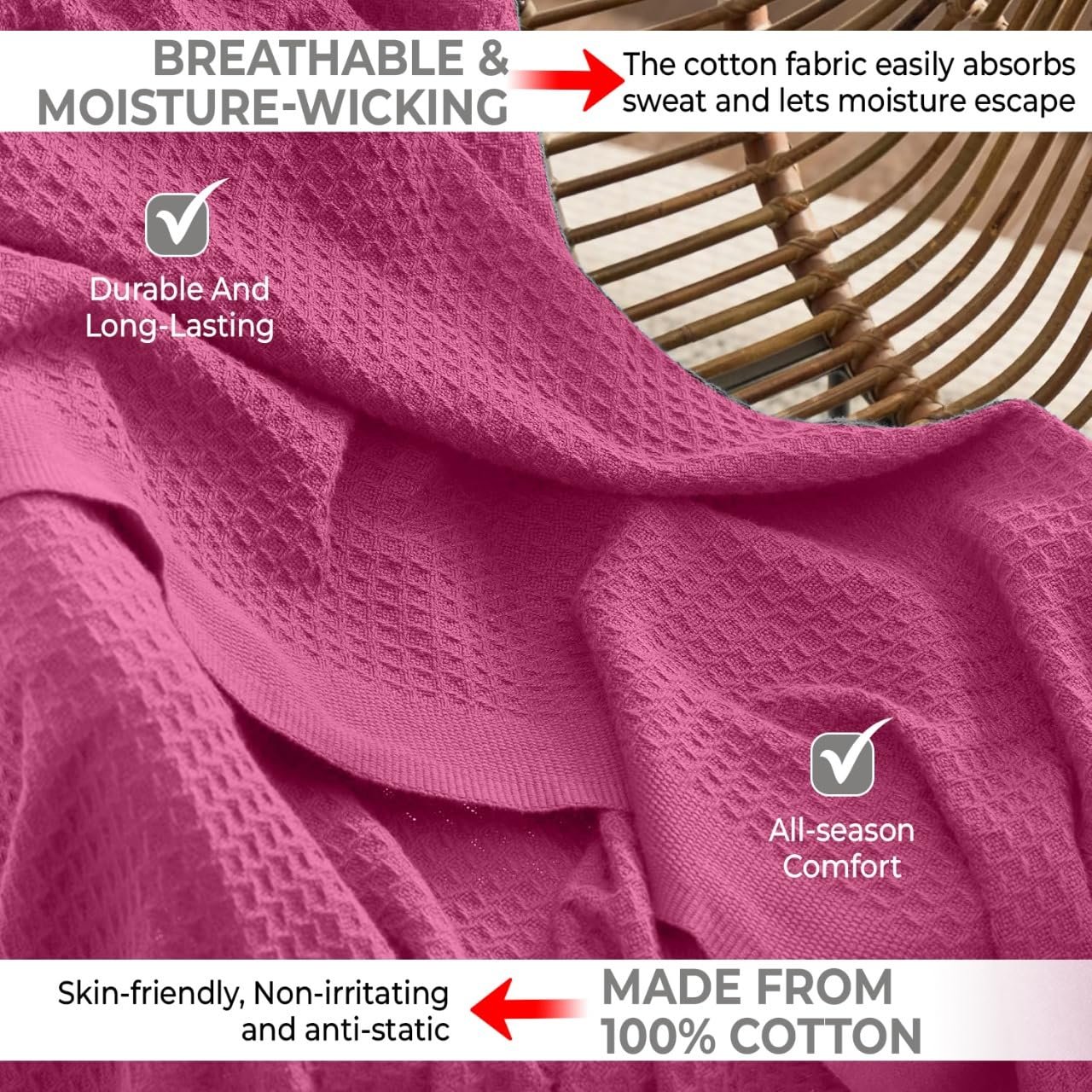 100 Cotton Blankets for Bed - Waffle Weave Blankets for Summer Lightweight and Breathable Soft Woven Blanket for Spring Pink Throw 50 x 60 - lunas-mystic-emporium.com 100% Cotton Blankets for Bed - Waffle Weave Blankets for Summer, Lightweight and Breathable Soft Woven Blanket for Spring (Pink, Throw (50" x 60"))