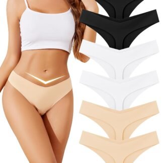 ANSUKOO Seamless V Cut Thongs for Women Underwear 6Pack,No Show Ladies Workout Tanga,No Line Comfortable Low Rise Gym Panties