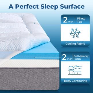BDEUS 4 Inch Dual Layer Memory Foam Mattress Topper King Size, 2 Inch Gel Memory Foam, 2 Inch Cooling Pillow Top Mattress Pad Cover for Back Pain & Hot Sleeper