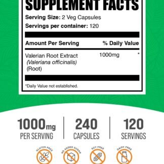 BulkSupplements.com Valerian Root Capsules - Valerian Root Extract, Valerian Root Supplement - Herbal Supplement, Gluten Free, 2 Capsules per Serving, 240 Capsules (Pack of 1)
