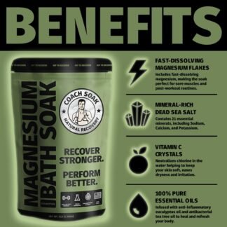 Coach Soak Recovery Bath Soak - Alternative to Epsom Salt Bath Soak - Fast-Absorbing Pure Magnesium Flakes & Dead Sea Salt with 21 Minerals, Bath Salts & Essential Oils - 3 lb,...