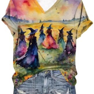 Halloween Witch Party Shirts for Women Casual Fall Midsummer Witches Gather T-Shirt Halloween Witch Novelty Graphic Tees
