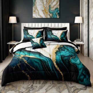 Herside Blue and Gold Marble Comforter Set 8 Pieces,King Size Bed in a Bag Set,Abstract Texture Modern Bedding Set,Soft Microfiber Lightweight Comforter Bed Set with Sheets and...