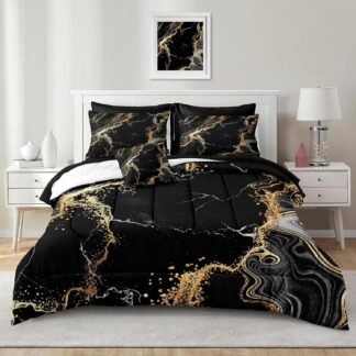 Herside Marble Comforter Set 8 Pieces,Black and Gold King Size Bed in a Bag,Modern Marble Texture Luxury King Bed Set with Comforter, Pillowcase, Flat Sheet, Fitted Sheet and...