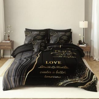 Herside Marble Queen Comforter Set with Sheets,8 Pieces Black and Gold Queen Bed in a Bag Set,Inspirational Positive Energy Words Quilt Set,Modern Marble Texture Luxury Bedding...