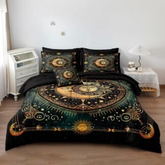 Herside Sun and Moon Bed in a Bag Black Psychedelic Celestial Bedding Comforter Set King Size,Bohemian Bedding Galaxy Comforter Set for Boys Girls Women,Gothic Mystic Witchy...