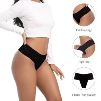High Waisted Thong Underwear Tummy Control Panties Cotton Lace Thongs Size S-4XL