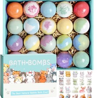 Kids Bath Bombs with Surprise Inside, 20 Pack Bring Dog and cat Toys Gift Set, Natural Organic Bubble Bath Foam Bath