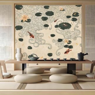 Lifeella Japanese Tapestry, Koi Pond Tapestry, Abstract Lotus Lily Wall Hanging, Zen Nature Aesthetic Art Wall Decor for Bedroom Living Room Dorm, Beige 36x48 inches