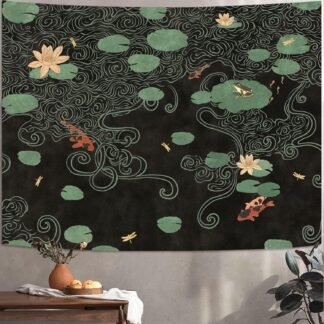 Lifeella Japanese Tapestry, Koi Pond Tapestry, Abstract Lotus Lily Wall Hanging, Zen Nature Aesthetic Art Wall Decor for Bedroom Living Room Dorm, Beige 36x48 inches