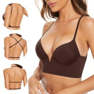 Low Back Bras-Seamless Deep-V Plunge Invisible Backless Bra-Underwire Lightly Lined Halter Multiway Low Cut Bra