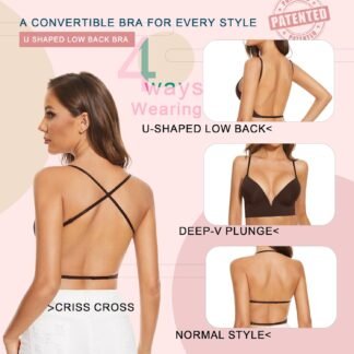 Low Back Bras-Seamless Deep-V Plunge Invisible Backless Bra-Underwire Lightly Lined Halter Multiway Low Cut Bra