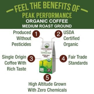 Peak Performance High Altitude Organic Coffee - Fair Trade, Low Acid, Non GMO, and Beans Full of Antioxidants - Medium Roast Smooth Tasting USDA Certified Organic Ground Coffee...