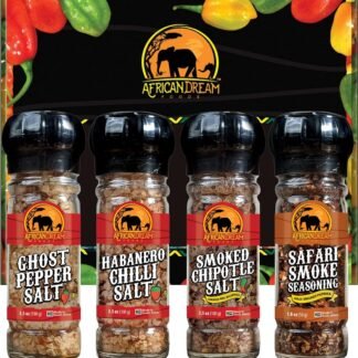 Spicy Salts and Seasonings Gift Box by African Dream Foods | 4-Pack Variety with Reusable Grinder | Safari Smoke Seasoning, Ghost Pepper Salt, Habanero Salt, Smoked Chipotle...