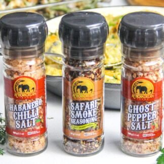 Spicy Salts and Seasonings Gift Box by African Dream Foods | 4-Pack Variety with Reusable Grinder | Safari Smoke Seasoning, Ghost Pepper Salt, Habanero Salt, Smoked Chipotle...