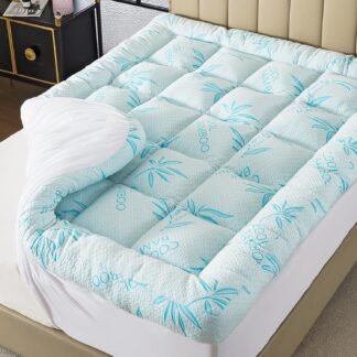 WhatsBedding 5 Inch Queen Mattress Topper Breathable Bamboo Viscose Air Layer,Memory Foam Mattress Topper Queen Size Blue.
