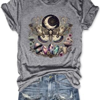 Women Vintage Moth T Shirts Mystical Moon Cottagecore Shirts Funny Witchy Graphic Tees Short Sleeve Tops
