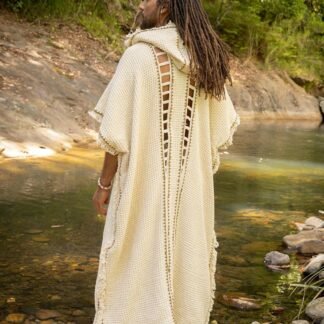 AJJAYA MAGOS WIZARD Long Mens Hooded Kimono Ivory Beige Tribal Ritual Ceremony Gypsy Magic Ritual Primitive Rave Boho