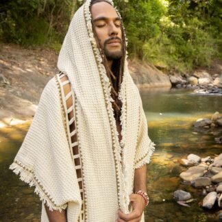 AJJAYA MAGOS WIZARD Long Mens Hooded Kimono Ivory Beige Tribal Ritual Ceremony Gypsy Magic Ritual Primitive Rave Boho