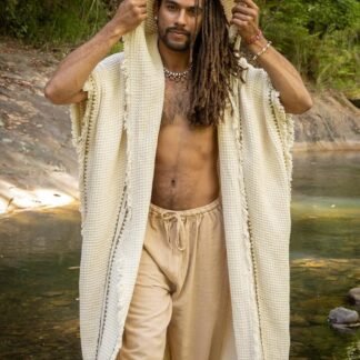 AJJAYA MAGOS WIZARD Long Mens Hooded Kimono Ivory Beige Tribal Ritual Ceremony Gypsy Magic Ritual Primitive Rave Boho