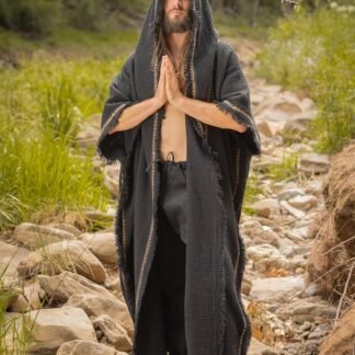 AJJAYA MAGOS WIZARD Long Mens Hooded Kimono Ivory Beige Tribal Ritual Ceremony Gypsy Magic Ritual Primitive Rave Boho