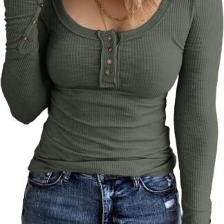KINLONSAIR Women’s Long Sleeve Henley T Shirts Button Down Slim Fit Tops Scoop Neck Ribbed Knit Shirts