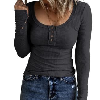 KINLONSAIR Women’s Long Sleeve Henley T Shirts Button Down Slim Fit Tops Scoop Neck Ribbed Knit Shirts