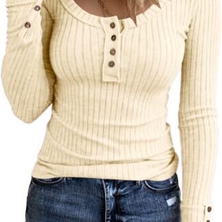 KINLONSAIR Women’s Long Sleeve Henley T Shirts Button Down Slim Fit Tops Scoop Neck Ribbed Knit Shirts